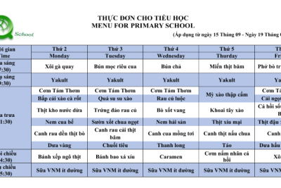Công khai thực đơn cho học sinh từ ngày 15 tháng 9 đến ngày 19 tháng 9 năm học 2025-2026