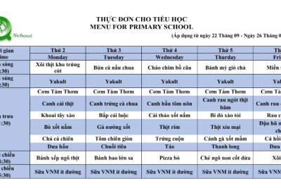 Công khai thực đơn cho học sinh từ ngày 22 tháng 9 đến ngày 26 tháng 9 năm học 2025-2026