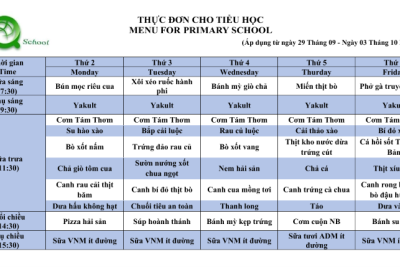 Công khai thực đơn cho học sinh từ ngày 29 tháng 9 đến ngày 3 tháng 10 năm học 2025-2026