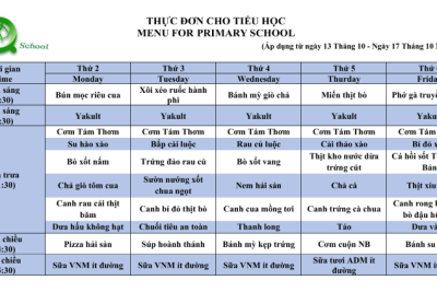 Công khai thực đơn cho học sinh từ ngày 13 tháng 10 đến ngày 10 tháng 10 năm 2025