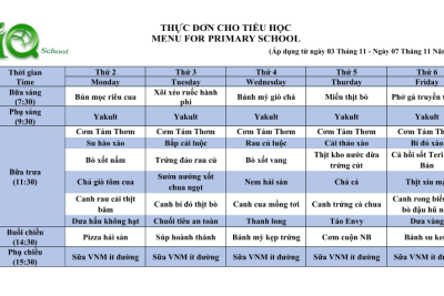 Công khai thực đơn cho học sinh từ ngày 3 tháng 11 đến ngày 7 tháng 11 năm 2025
