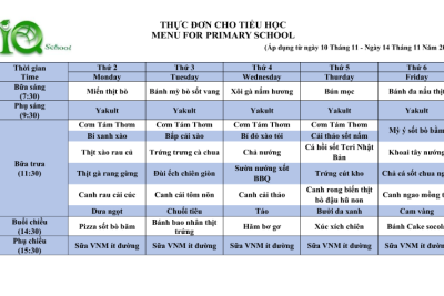 Công khai thực đơn cho học sinh từ ngày 10 tháng 11 đến ngày 14 tháng 11 năm 2025